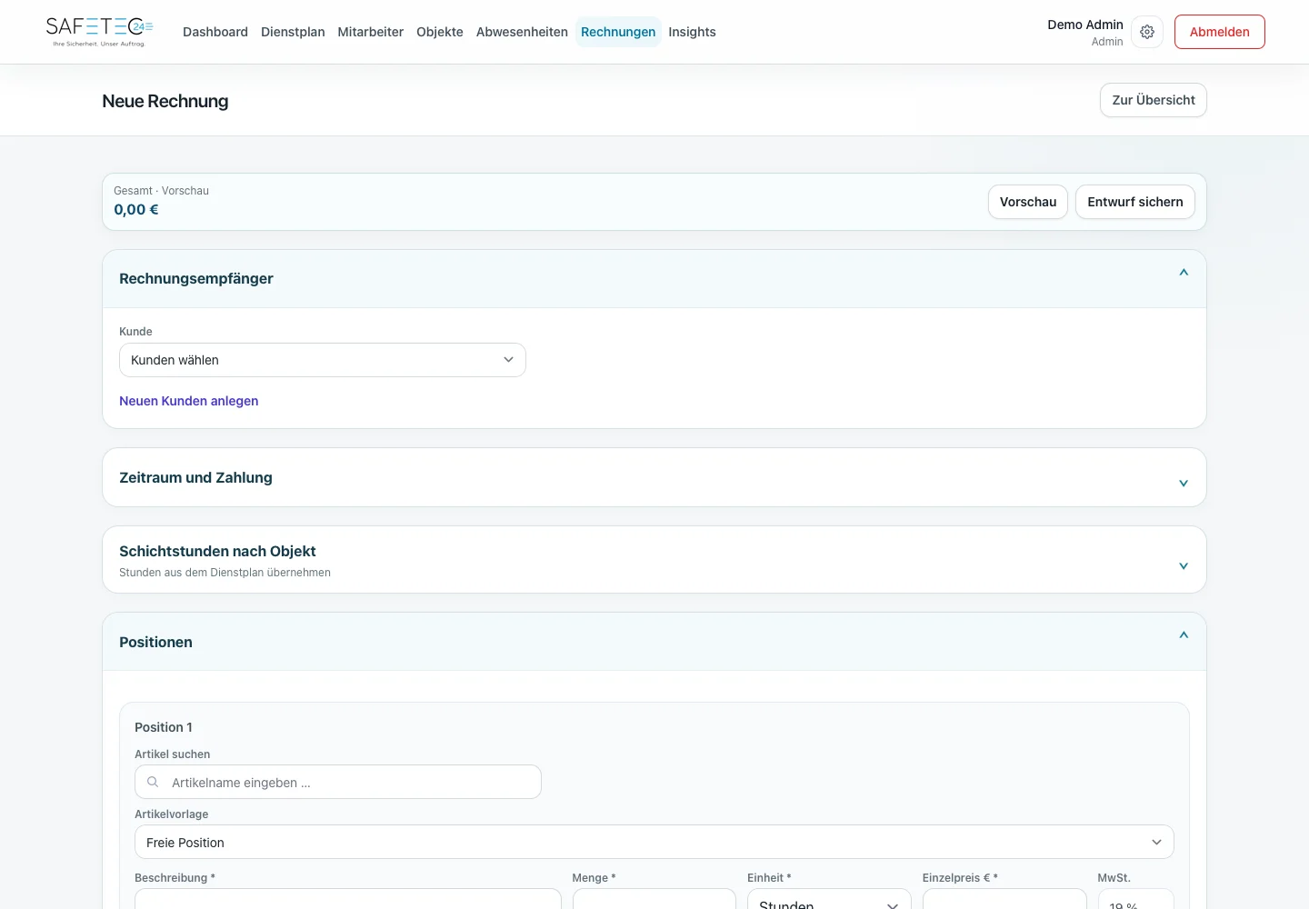 Current SafeTec24 invoice management view