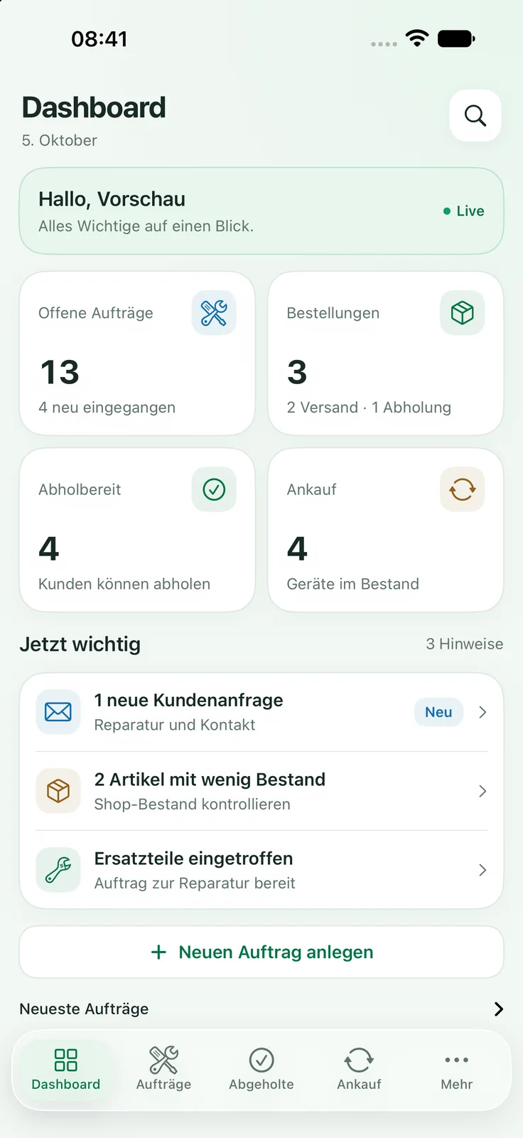 Just Smartphones admin app: iPhone dashboard with sample data