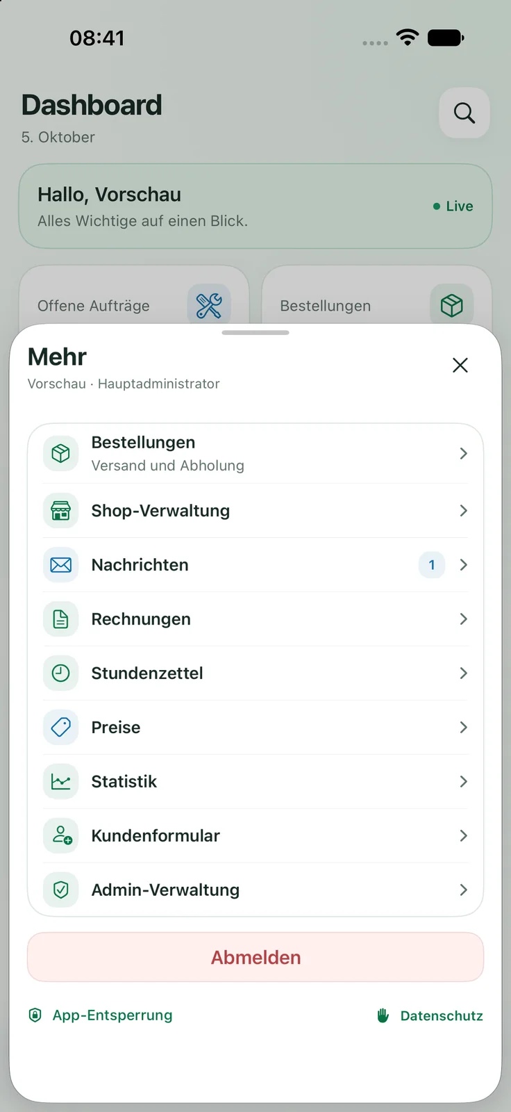 Just Smartphones admin app: management modules on iPhone with sample data