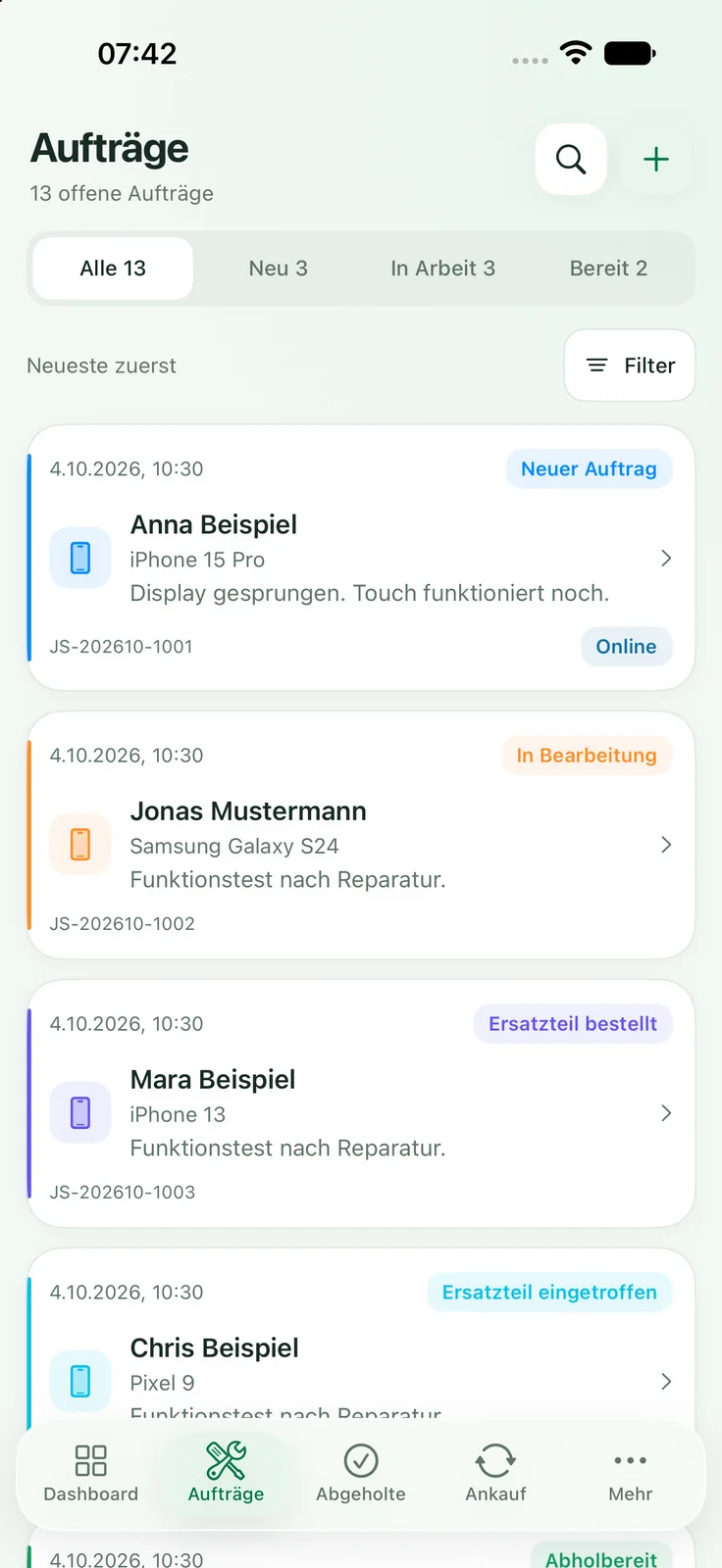 Just Smartphones admin app: repair orders on iPhone with sample data