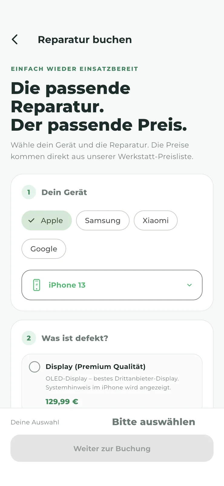 Just Smartphones customer app: device and repair selection on iPhone