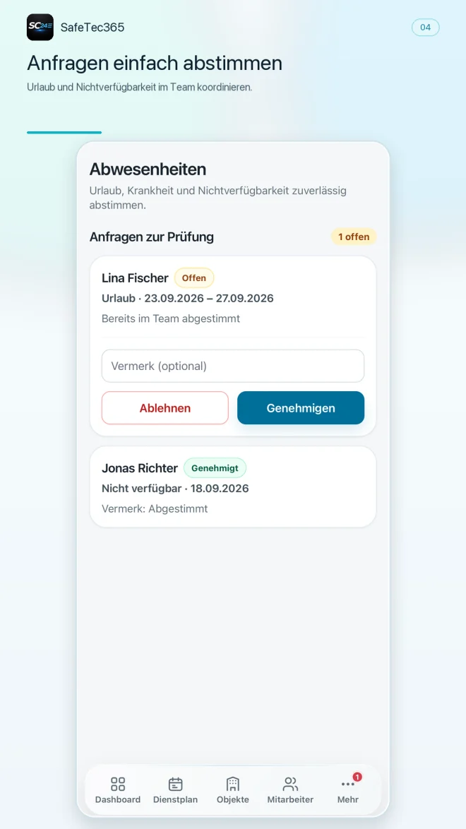 Current absence management in the SafeTec365 Android app